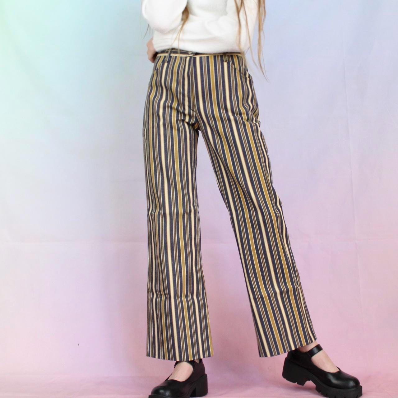 S*r様 70s80s vintage stripe bell-botom 42 vintage JOKO FASHIONS Women's Mid Rise Multi Color Striped