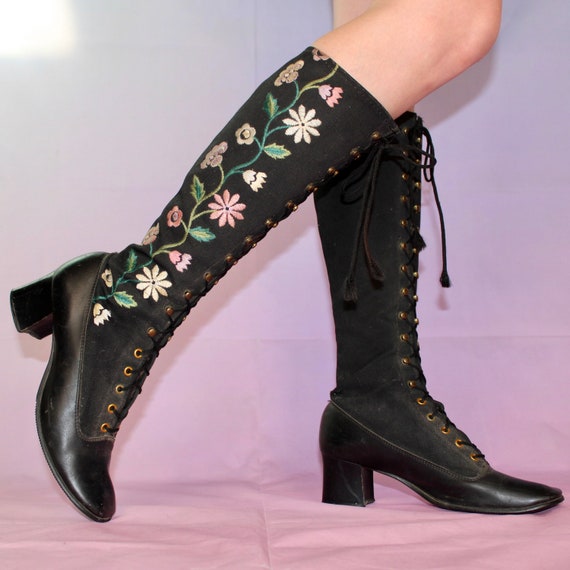 Vintage 60s lace up embroidered gogo boots - image 1