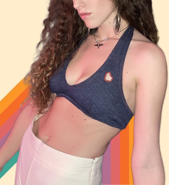 Vintage 1970s rare reversible denim halter top wit