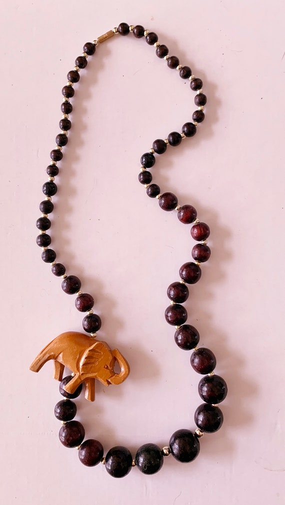 Vintage Black Wood Bead Elephant Necklace