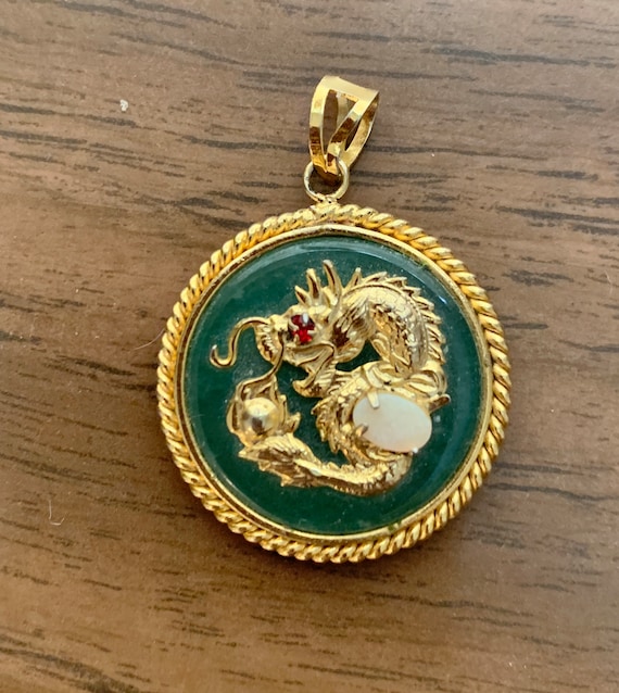Vintage Jade Pendant Gold Tone Dragon with Opal E… - image 1
