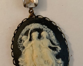 Vintage Black and White Three Muses Cameo Pendant with Crystal