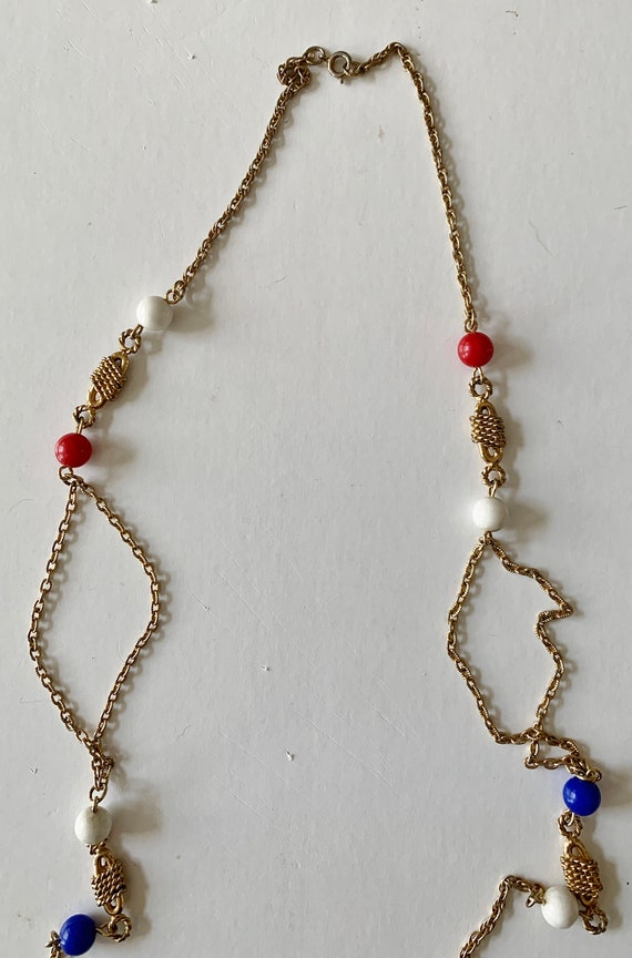 Vintage Red White and Blue Gold Colored Bead Neck… - image 5