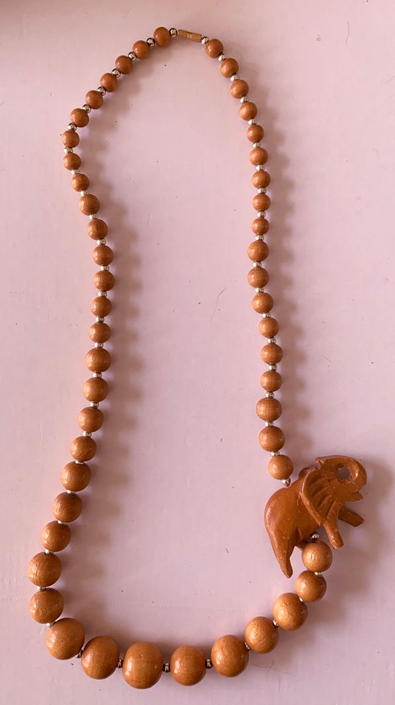 Vintage Brown Wood Bead Elephant Necklace