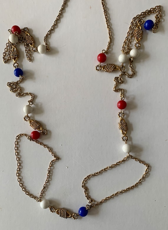 Vintage Red White and Blue Gold Colored Bead Neck… - image 6