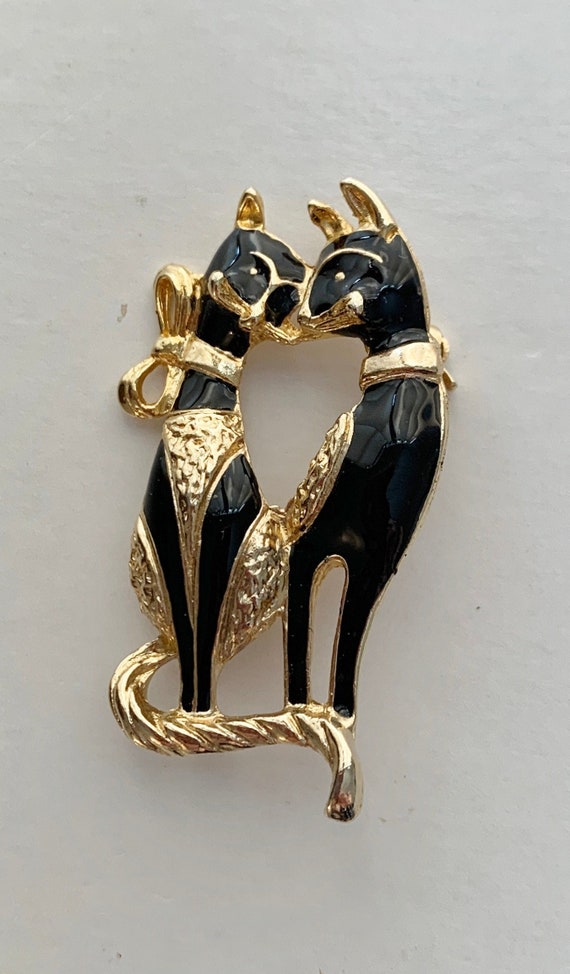 Vintage Gold Tone and Black Cats in Love Brooch