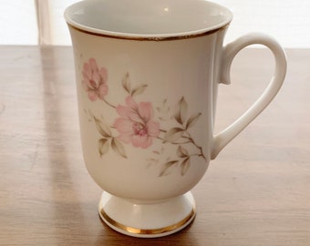 Vintage Porcelain Pedestal Mug Pale Pink Floral Pattern Gold Trim