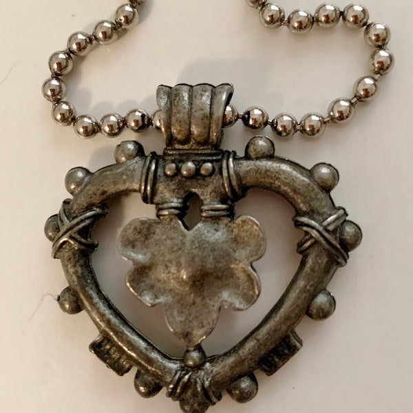 Vintage Pewter Heart Pendant Necklace Long by C. Stein