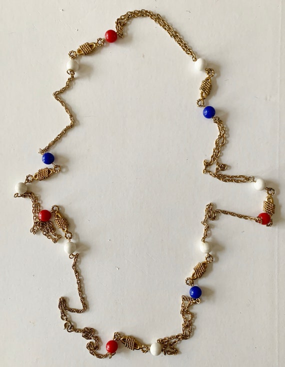 Vintage Red White and Blue Gold Colored Bead Neck… - image 1