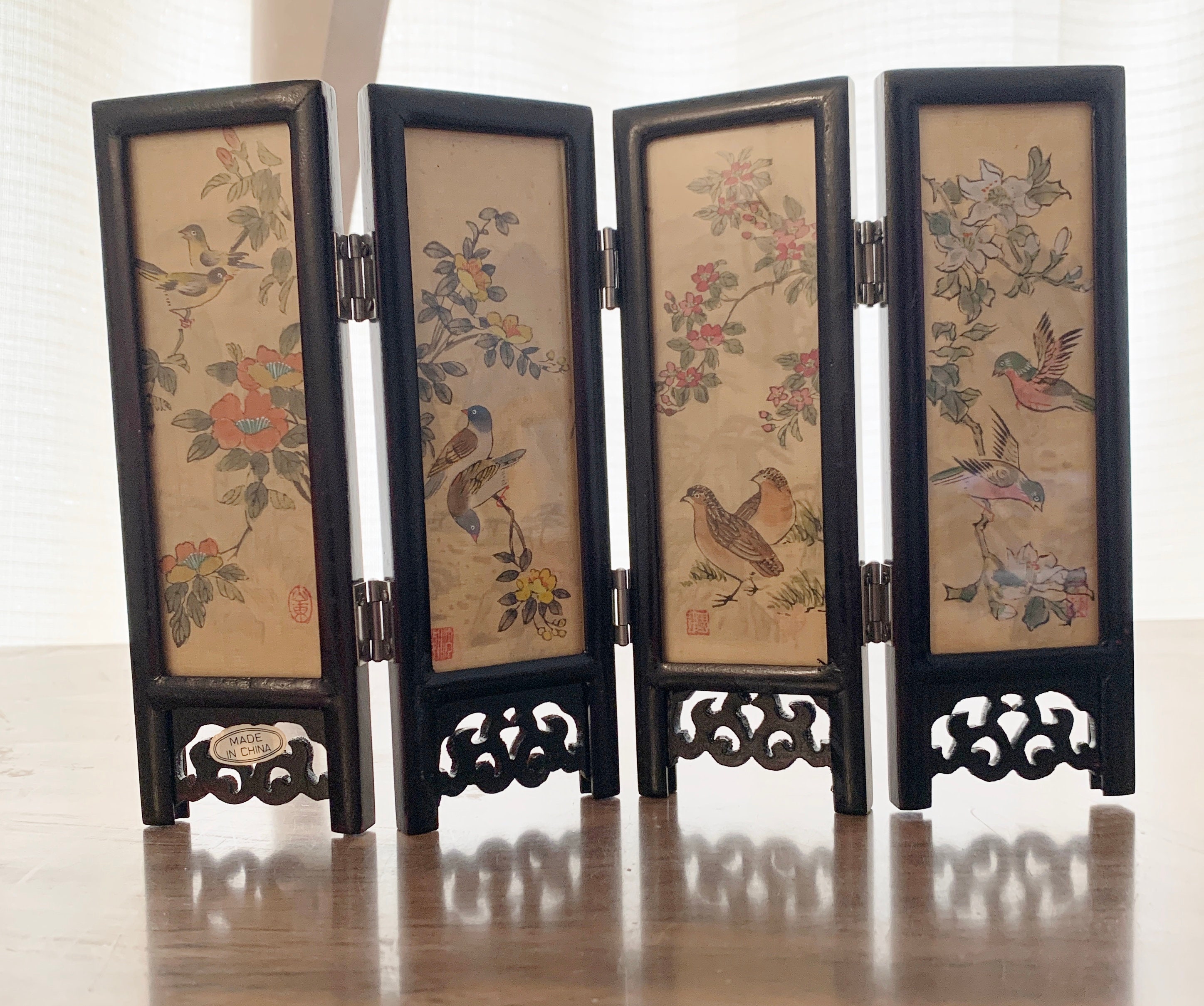 中国美術 砡刻 印板 文房四宝 7.8cmx7.6cm(HA401) Vintage Miniature 4 Panel Chinese Silk Screen - Etsy