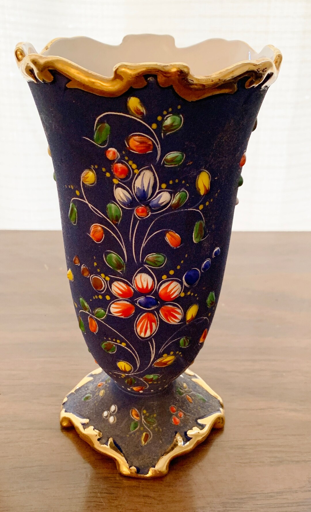 Vintage Blue Ceramic Vase With a Raised Floral Pattern and Gold Accents ...