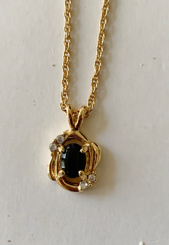 Vintage Onyx and Cubic Zirconia Pendant Necklace … - image 1
