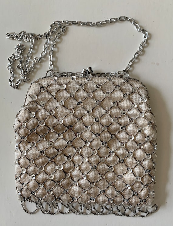 Vintage Silver Sequin Evening Bag with Adjustable 