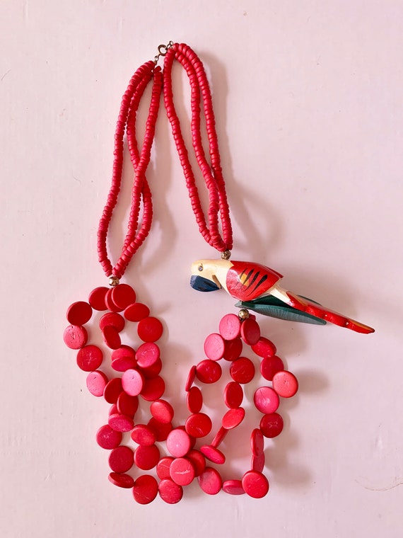 Vintage Wood Bead Parrot Necklace