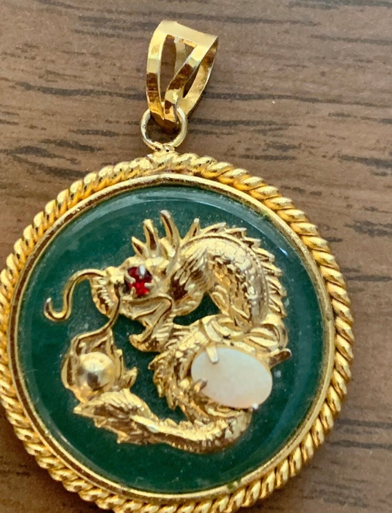 Vintage Jade Pendant Gold Tone Dragon with Opal E… - image 4