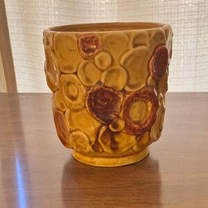 May include: A yellow ceramic planter with a raised, textured design of brown and orange circles and flowers.