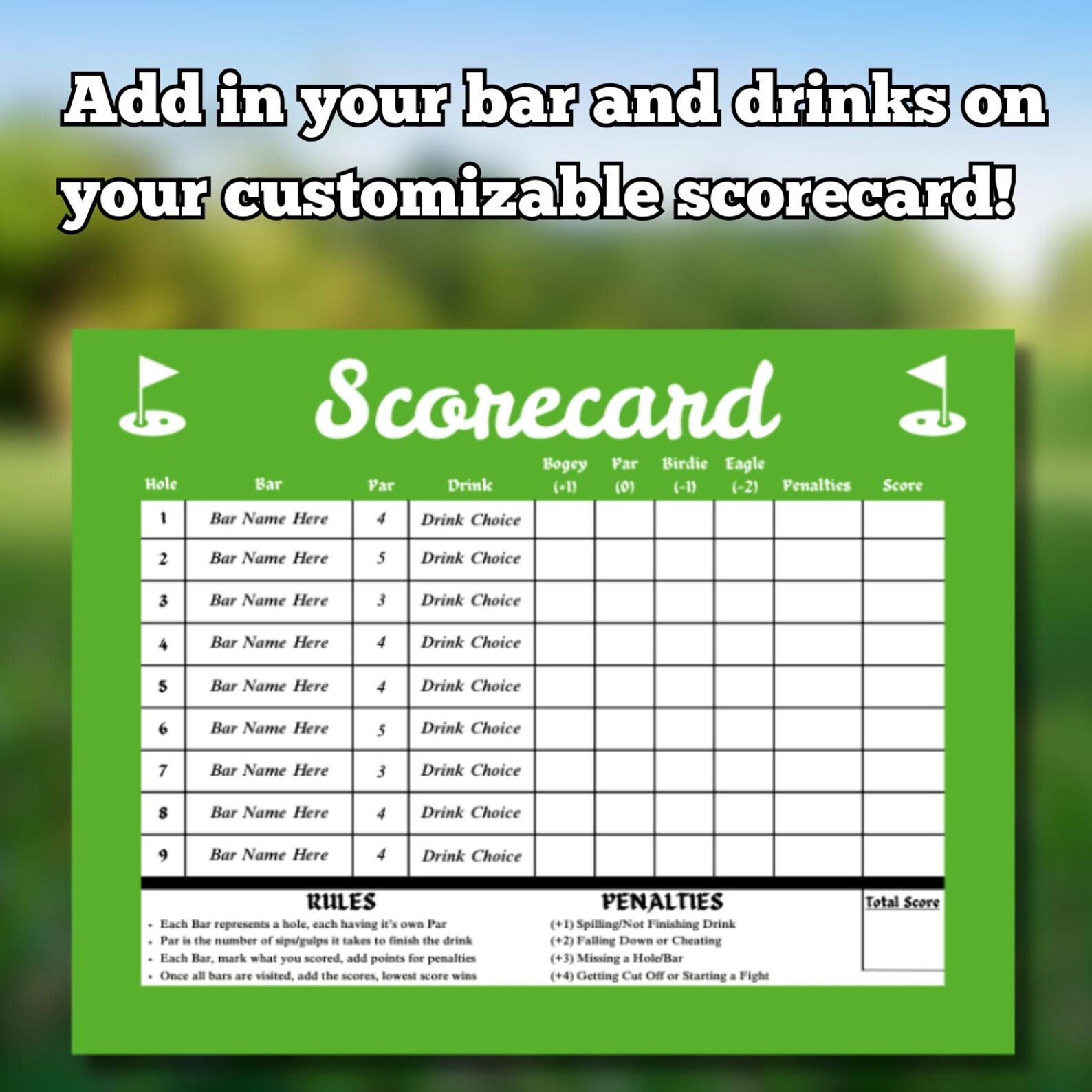 Pub Golf Scorecard Template Customizable Etsy