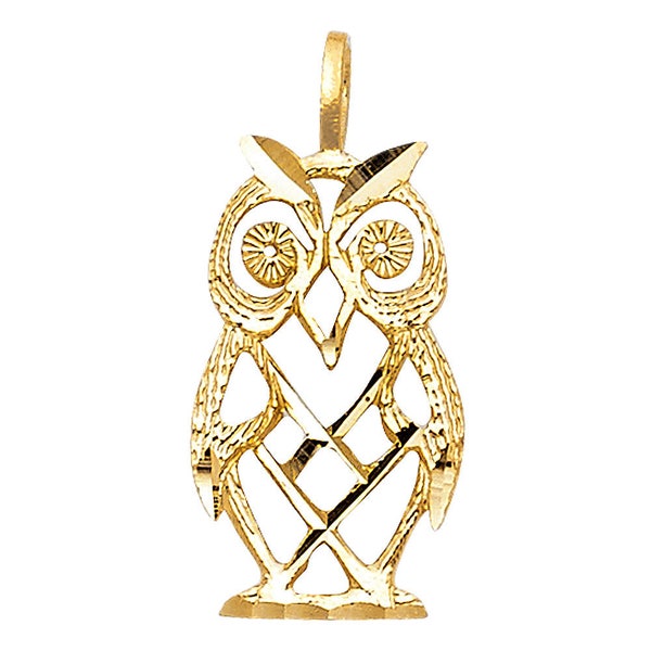 14K Solid Yellow Gold Owl Pendant Bird Diamond Cut Charm