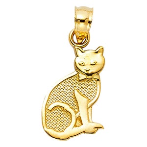 14K Solid Yellow Gold Cat Pendant -Reversible Double Sided Polish Necklace Charm