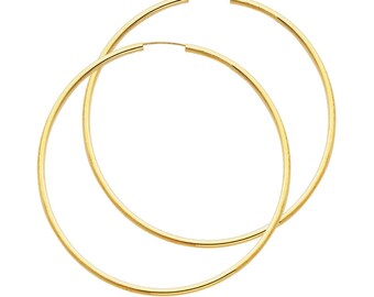 14k Solid Yellow Gold 2MM Thick Lightweight Extra Large Big Classic Endless Hoop Earrings 2.1 Inches 55MM