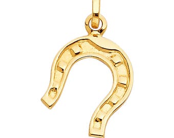 14K Solid Yellow Gold Lucky Horseshoe Hope Success Fame Pendant Charm For Men And Women