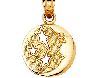 14K Solid Yellow Gold Overlay Star and Moon Small Charm Pendant