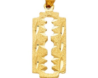 14K Solid Yellow Gold Diamond Cut Razor Blade Necklace Barber Shop Pendant Charm