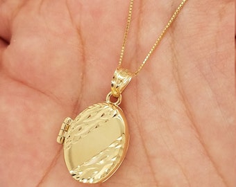 14K Solid Yellow Gold Oval Locket Photo Pendant Engraveable Personalized Diamond Cut Gift/Present