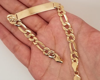 14K massief geel goud ID armband Figaro Links 8 inch 7,4 MM voor mannen gegraveerd gepersonaliseerd voor verjaardag/cadeau 10 gram