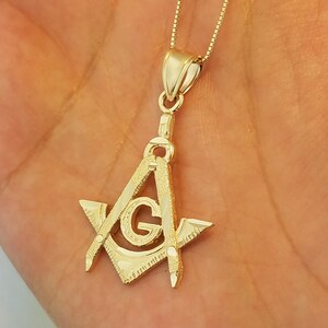 14K Solid Yellow Gold Masonic Pendant Charm Mason Freemason Necklace 0.6 MM Box Chain image 1