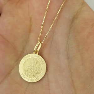 14K Solid Yellow Gold Saint Michael Medal Pendant Charm Round Necklace Charm 0.6 MM Box Chain - Engraved, Personalized, Custom