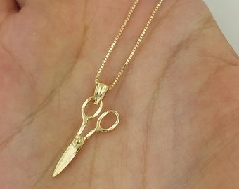 14K Solid Yellow Gold Scissors Pendant Hairstylist Necklace Charm 0.6 MM Box Chain