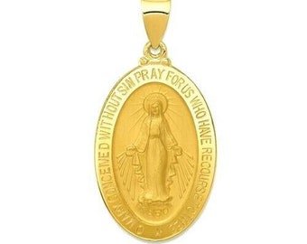 14K Yellow Gold Miraculous Virgin Mary Medal Pendant Catholic Charm Oval Small Prayer Charm Round Necklace 0.6 MM Box Chain