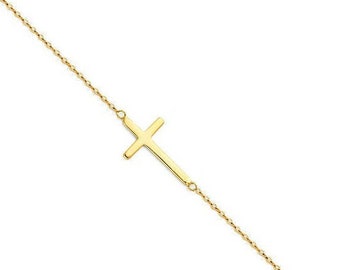 14K Yellow Gold Sideways Cross Bracelet Rolo Chain Links 7+1 Inches