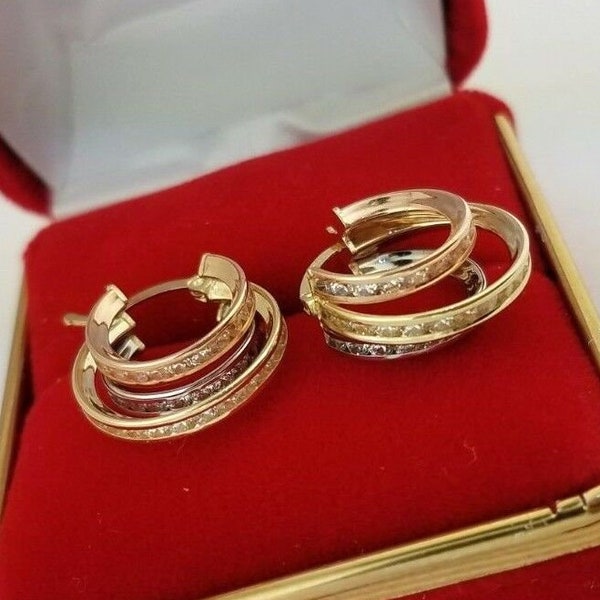 14K Tri-Color Yellow White Rose Gold Eternity Endless Hoop Earrings Round Cut Cubic Zirconia Extra Small Hoops 15 MM