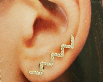 14K Yellow Gold Zig Zag Ear Crawler Climber Earrings 1.1 Grams With Round Cubic Zirconia Stones