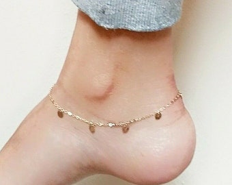 14K Yellow Gold Cable Chain Anklet with Diamond Cut Charms 9+1 Inches 1.5 Grams Delicate Dainty Anklet For Women