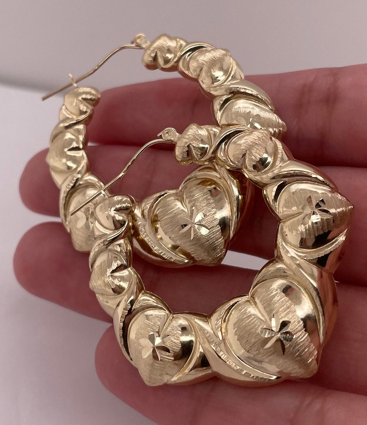 10K YELLOW GOLD HEART BAMBOO HOOPS -LARGE