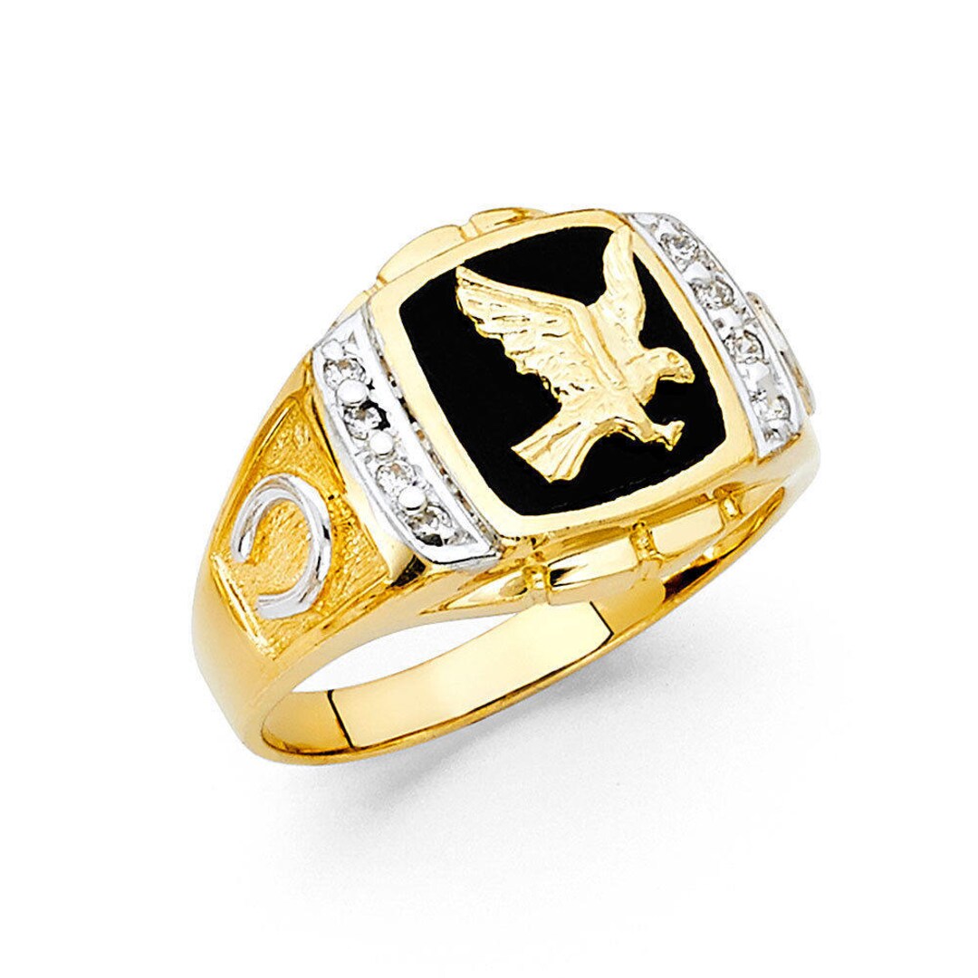 14K Solid Yellow Gold Two Tone Black Onyx Military Flying Eagle Men's ...