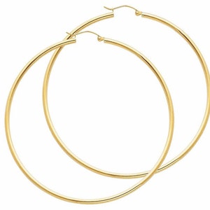 14k Yellow Gold Lightweight Extra Large Big Classic Hoops 2.5 Inches 2 MM Thick Snap Closure