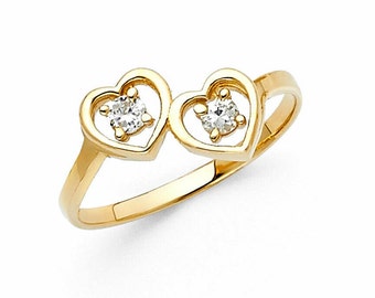 14k Yellow Gold Double Hearts/ Two Heart Ring Valentine's Day Present For Women 1.5 Grams 0.2 CT