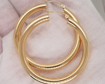 14k Yellow Gold 4 MM Thick Lightweight Small Classic Hoop Earrings 1.5 Inches/ 38MM Snap Closure 3.9 Grams