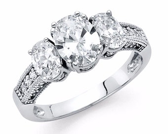 2.5 CT 3 Stone Oval Engagement Ring band in Solid 14k White Gold Bridal