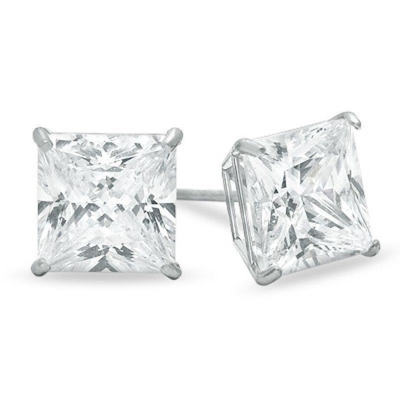 Jewel Tie Solid 14K White Gold Cubic Zirconia CZ 7mm Princess Basket Stud Earrings With Screw Back Jewel Tie Solid 14K White Gold Cubic Zirconia CZ 7mm Princess Basket Stud Earrings With Screw Back