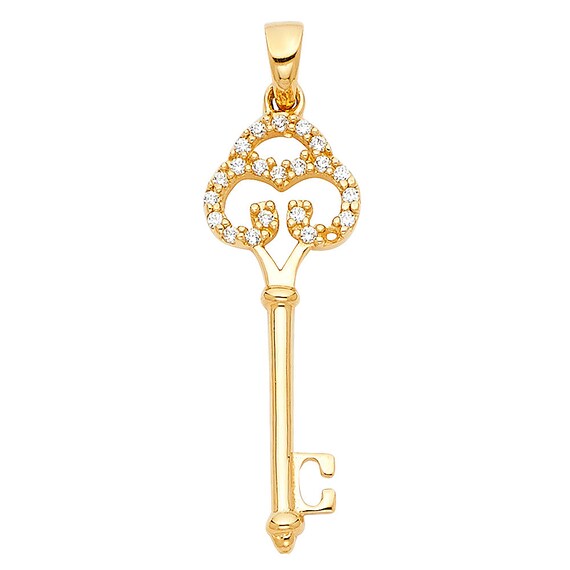 Solid 14K Yellow Gold Dangle Key Round Cut CZ Ladies Pendant | Etsy