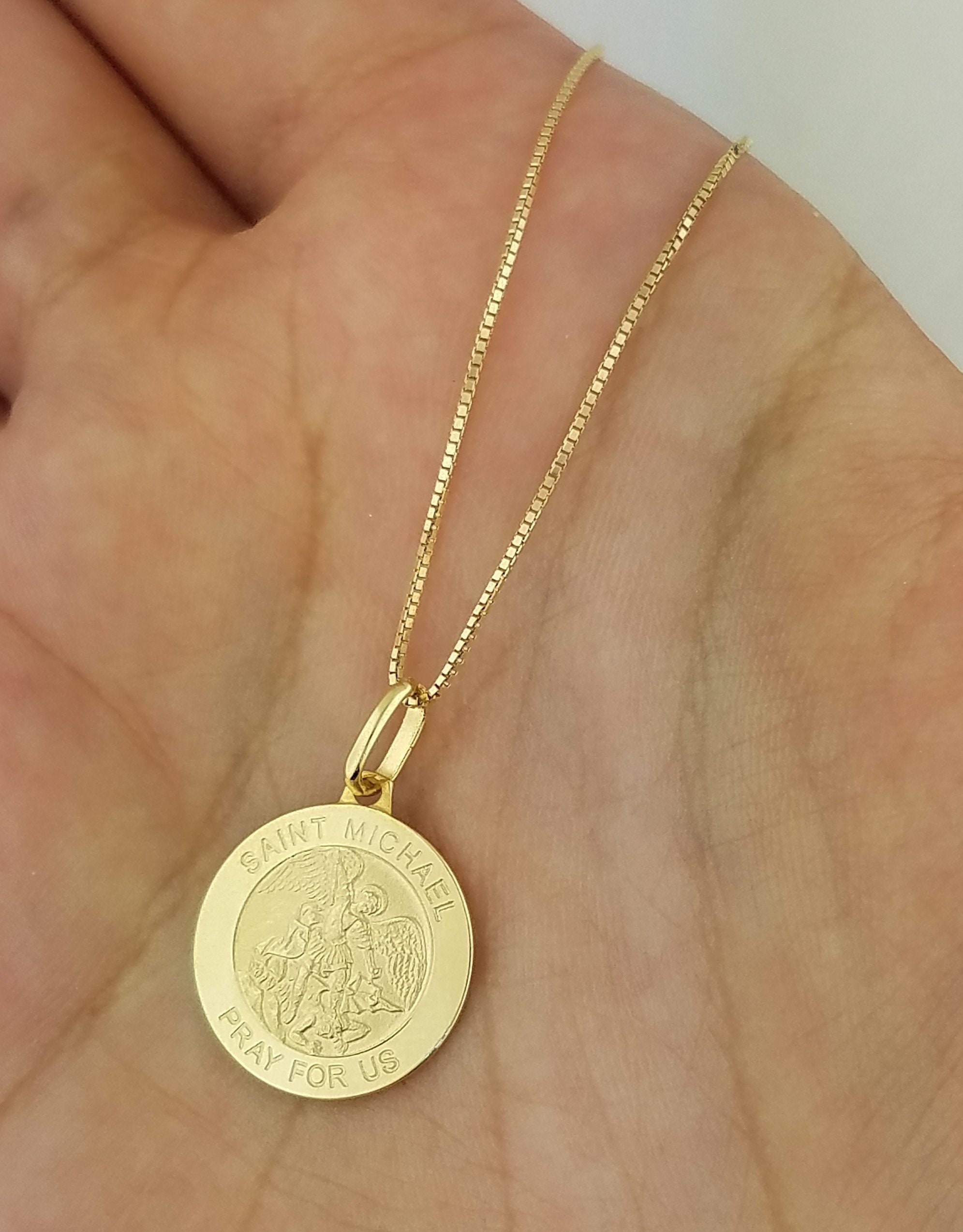 14K Solid Yellow Gold Saint Michael Medal Pendant Charm Round