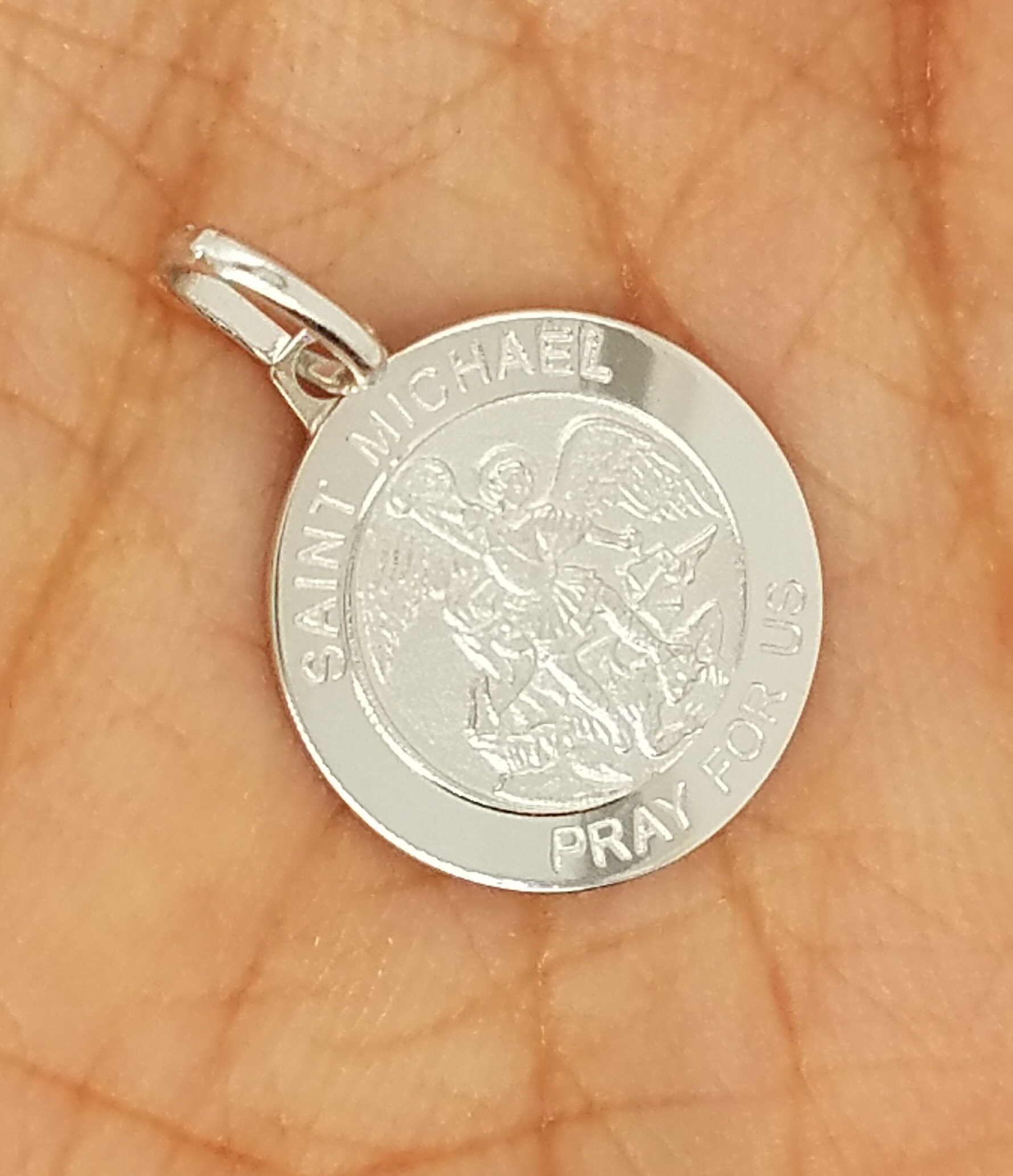 14K Solid White Gold Saint Michael Medal Pendant Charm Round
