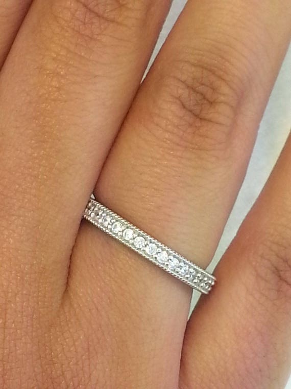 14k Solid White Gold CZ Eternity Band Stackable Ring Channel Set