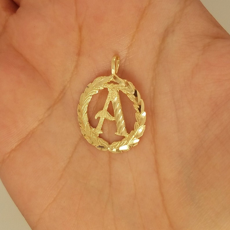 14K Yellow Gold Initial Letter Pendant Charm Alphabet Charm Round Leaves Custom Personalized With 0.6 MM Box Chain