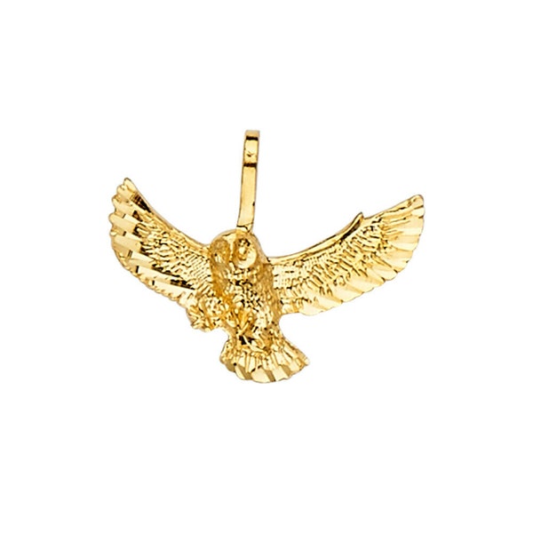 14K Yellow Gold Owl Pendant Extra Small Flying Bird Diamond Cut Charm 0.9 Grams